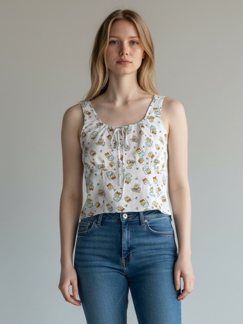 Sanrio Keroppi White Tank Top with Pastel Green and Yellow Turtle Print